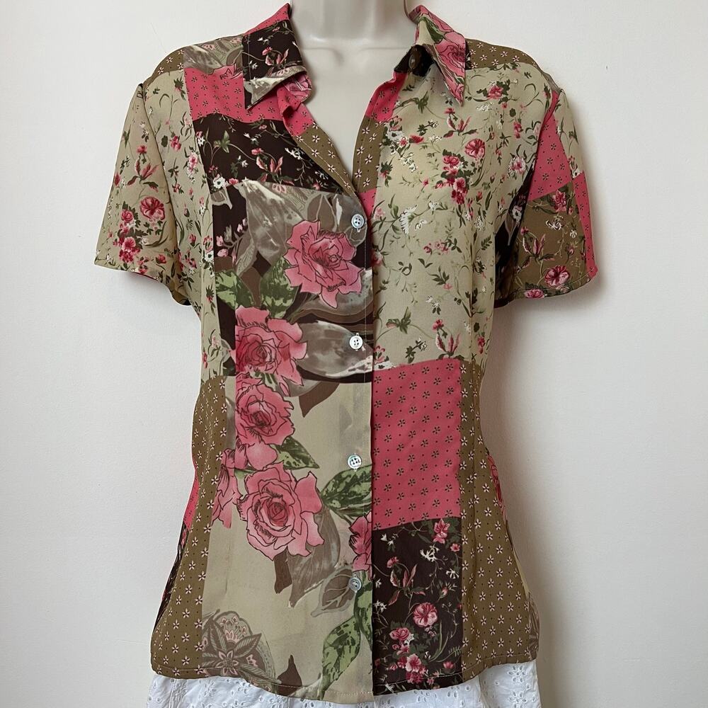 Emma James Liz Claiborne Semi Sheer Floral Patchwork Tie Back Blouse Large 14